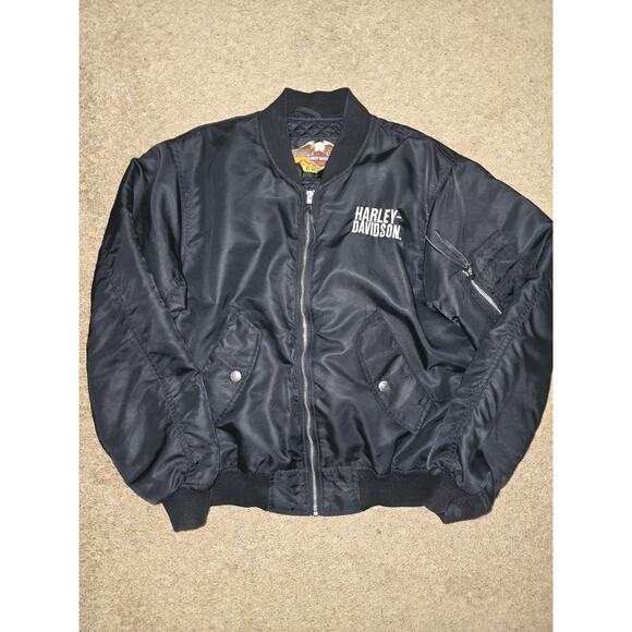 VINTAGE 1990'S Harley-Davidson Men's Black Satin Bomber Jacket Sz Small Logo - Picture 2 of 16